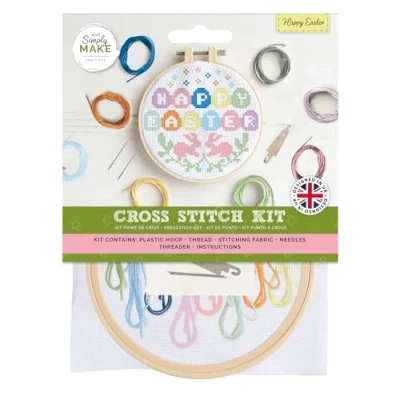 Image de Simply MAKE kit de broderie au point croix Happy Easter multicolore pour adultes, couture et travaux manuels, fils à broder inclus