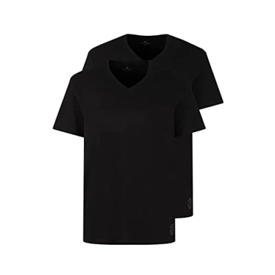 Image de TOM TAILOR Hommes Lot de 2 t shirts basiques avec col en V 1008639, 29999 Black, L