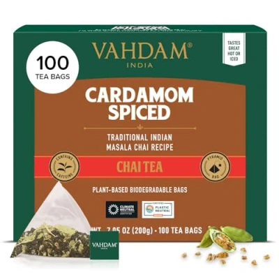 Image de VAHDAM, Cardamom Masala Thé Chai (100 Sachets De Pyramid) Cardamome Original D&#039;inde 100% Pur Et Naturel Directement La Source En Inde Infusion Chaude/Glacée