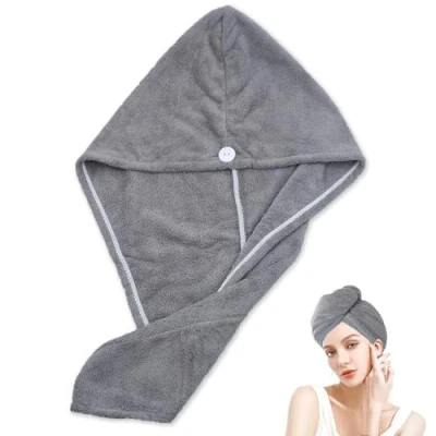 Image de JJHXM 1 pièce Serviette Microfibre Cheveux,Serviette Cheveux Bouclés Super Absorbants, avec Bouton de Design,Anti frisottis à séchage Rapide Cheveux,Doux (Gris)