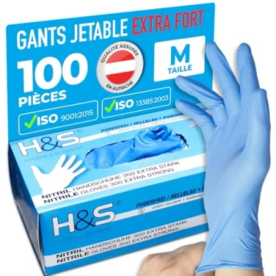 Image de Gants nitrile jetables non poudrés H&amp;S EXTRA STRONG (100 pièces), S Small M Medium L Large XL X Large, sans latex, convient pour aliments, dermophile et bien tolérée (bleu, M)