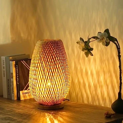 Image de GUANSHAN Lampe de Table Tissée en Bambou Abat Jour Éclairage Décoratif Veilleuse pour Chambre, Salon, Interrupteur à intensité variable, Style 2