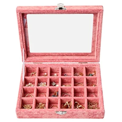 Image de Catime 24 Grilles Boite a Bijoux en Velours, Détachable Boîte Vitrine à Bijoux,Boite Rangement Bague avec Compartiments,Couvercle Transparent Plateau Présentation (Rose)