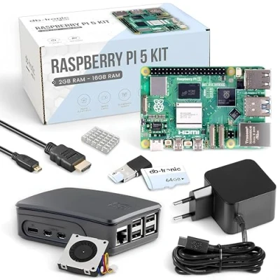Image de Raspberry Pi 5 Starter Kit Noir 16 Go Bloc d&#039;alimentation USB C 27 W Boîtier avec Ventilateur Carte mémoire 64 Câble Micro HDMI 4K 1 m de RAM
