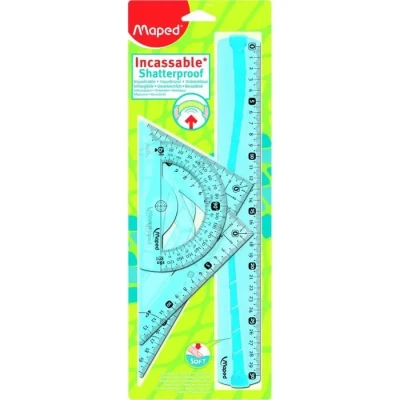 Image de Maped Maxi Kit de Traçage INCASSABLE avec 4 Pièces Règle 30cm, Rapporteur 180/12cm, Equerre 60/21cm, 45/21cm Coloris Aléatoire Bleu ou Vert