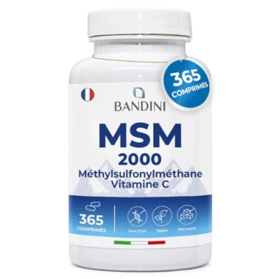 Image de Bandini® MSM 2000 mg + Vitamine C 365 Comprimés 100% Végan de Méthylsulfonylméthane Complexe pour les Os, Articulations, Cheveux, Peau &amp; Système Immunitaire Soufre Complément Alimentaire Naturel