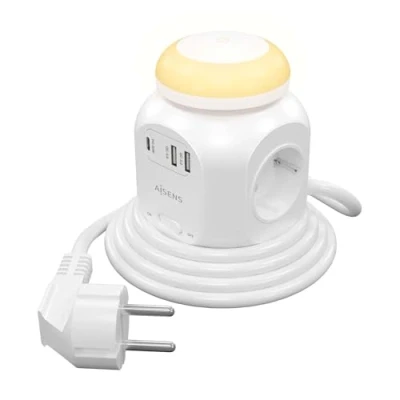 Image de AISENS ASPS 2A1CLPQ02 W Multifonctionnel avec 4 Prises + 1Xusb C 20 Pd3.0, 2Xusb A 18 Qc3.0, lumière de Nuit 1,8 m, Blanc