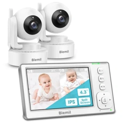 Image de moniteur de bébé amélioré avec batterie 29 heures, vidéo IPS 4,3 pouces deux caméras et audio, panoramique/inclinaison/zoom à distance, conversation bidirectionnelle, température