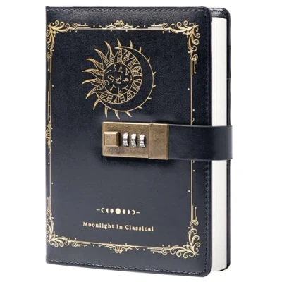 Image de Constellation journal en cuir avec serrure, intime du zodiaque lune soleil pour l&#039;écriture, carnet B6 papier ligné homme et femme (Noir)
