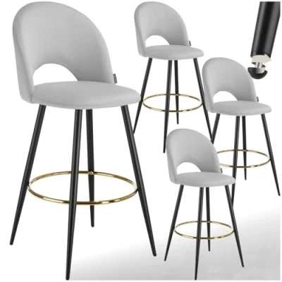 Image de TABOURET de bar TECTAKE Lot 4 chaises SACHEL en aspect velours rembourré dossier et repose pieds Gris clair/Noir