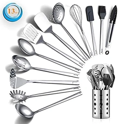Image de Berglander Ensemble d&#039;ustensiles de Cuisine en Acier Inoxydable 13 pièces avec Porte ustensiles antiadhésif et résistant à la Chaleur, Lavable au Lave Vaisselle, Facile Nettoyer (13 Paquets)