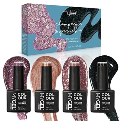 Image de MYGEL by Mylee Ensemble de Vernis à Ongles en Gel Scintillant 4x10ml Pédicure et Manucure UV/LED Soak Off Nail Art pour Usage Professionnel, Salon Maison Longue Durée, Facile Appliquer