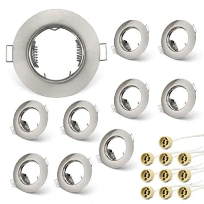 Image de KYOTECH lot de 10 Cadres Pour spots GU10 Set, Cadre Montage encastré Ronde Nickel Brossé lampes halogènes MR16 LED module,LED Encastrable livré avec douilles