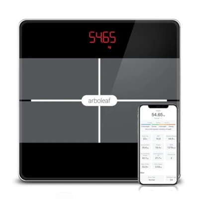 Image de arboleaf Pèse personne numérique avec application et 13 masses corporelles 28 x 396 lb/180 kg Bluetooth pour IMC, graisse corporelle muscles, protéines, BMR, etc. (noir)