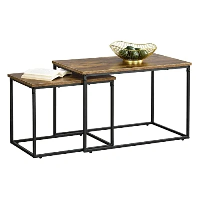 Image de [en.casa] Set de 2 Tables Basses Gigognes Rectangulaires Salon Panneaux Particules Acier Revêtu par Poudre Tailles Différentes Effet Bois Foncé Noir