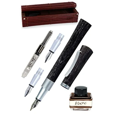 Image de Online stylo plume calligraphique Newood, calligraphique, bois naturel de Wawa en noir, 3 traits 0,8 1,4 et 1,8 mm large, comprend un flacon d&#039;encre brune (15ml), Bullet Journal