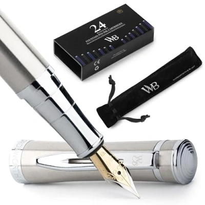 Image de Wordsworth &amp; Black Ensemble Stylo Plume, Pointe Extra Fine, Comprend 24 Cartouches D&#039;encre, Convertisseur De Recharge D&#039;encre Et Pochette Cadeau, Finition Chromée, Calligraphie, [Chrome Argenté]