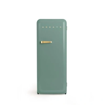 Image de CREATE RETRO FRIDGE 150 GOLD Réfrigérateur vert sauge poignée dorée avec congélateur 281 l/102 W, économie d&#039;énergie, design vintage, cm, 3 étagères, régulateur de température, porte bouteille,
