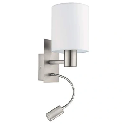 Image de Eglo lampe murale LED PASTERI, applique en textile à 2 flammes, matériau : acier, tissu, couleur nickel mat, blanc, douille E27, avec interrupteur et de lecture flexible
