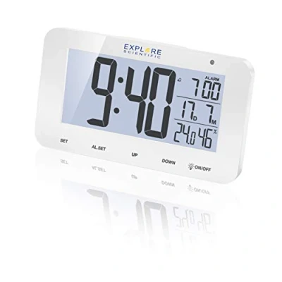 Image de Explore Scientific RDC1004 Horloge Radio contrôlée de Bureau avec écran rétroéclairé à LED Blanc, Alarme &amp; Snooze, Piles