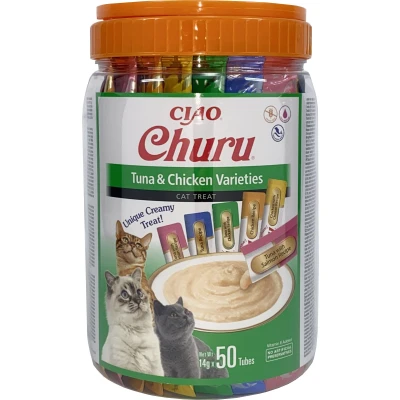 Image de INABA Churu Friandises pour Chats en Purée Variétés de Thon &amp; Poulet Délicieux Snacks Félins Texture Lisse et Onctueuse Nourriture 50 Tubes x 14g