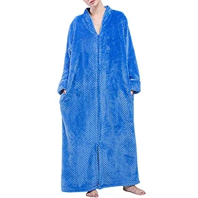 Image de Kinloy Peignoir d&#039;hiver en polaire douce avec fermeture éclair pour femme Léger Col V Bleu M 36 38, bleu,