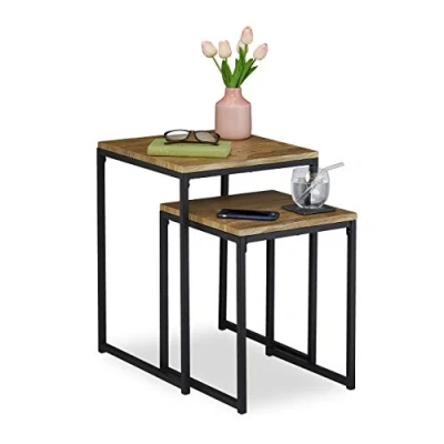 Image de relaxdays Table d’appoint Jeu de 2, empilable, Design Industriel, gigognes, 2 Tailles, carrées, métal, Effet Bois,Noir, Fer, MDF, PVC, Lot