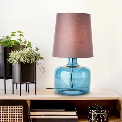 Image de lampe de table bleu foncé avec abat jour en tissu décorative interrupteur intermédiaire à cordon 57 cm hauteur &amp; 30 diamètre douille E27 max. 60 W verre/textile
