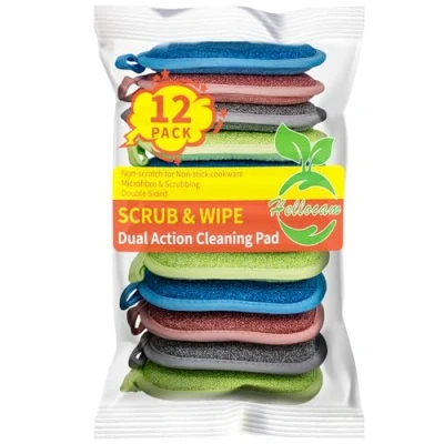 Image de Lot de 12 éponges vaisselle lavables et réutilisables en microfibre double face. Idéale pour nettoyer toutes surfaces la cuisine. Tampons grattants non rayants plaques poêles