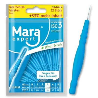 Image de Lot de 32 Brosses interdentaires bleues 1,1 1,2 mm Basic Mara ISO 3 moyen 33% plus Brosse interdentaire idéale Avec goût menthe pièces (bleu, 3)
