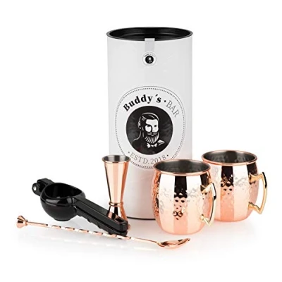 Image de Buddy&#039;s Bar Moscow Mule Set Complet, gobelet de Cocktail en Aspect cuivre brilllant et Effet Marteau 550ml, cuillère Bar, Mesure Jigger Presse Citron, avec boîte Cadeau