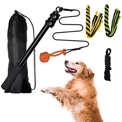 Image de Flirt Pole Jouet en corde Pour chien avec balle et 2 queues de chasse à mâcher coton tressé interactif l&#039;extérieur chiens petite, moyenne grande taille
