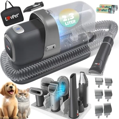 Image de Lovpet® Tondeuse pour chien avec aspirateur, silencieuse batterie + accessoires Ensemble de soins animaux compagnie poils d&#039;animaux 7 en 1 bac à poussière 2,3 L