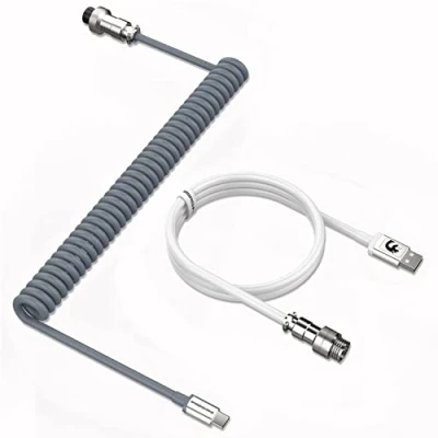 Image de MAMBASNAKE Câble de Clavier Spiralé, Pro Customized USB C pour Mécanique, Jeu Câble, Type vers A, TPU Coiled Cable avec Connecteur D&#039;aviation En Métal Gris &amp; Blanc