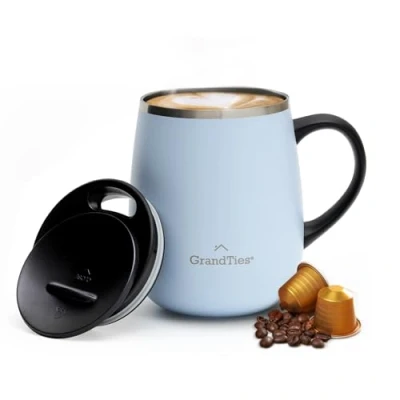 Image de GRANDTIES Tasse à café isotherme avec poignée Couvercle coulissant anti éclaboussures de 473,6 g double paroi sous vide en acier inoxydable pour garder les boissons chaudes et