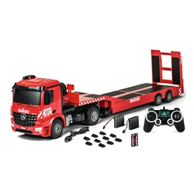 Image de Carson 500907307 1:20 MB Arocs Goldhofer 2.4G 100% RTR, véhicule télécommandé, de construction avec fonctions lumineuses et sonores, piles télécommande incluses, rouge