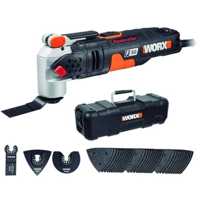 Image de WORX Outil multifonctions Sonicrafter F50 450W Pour couper, polir, poncer, etc. accessoires universels WX681 (Livré avec coffret de rangement et 39 multimatériaux)