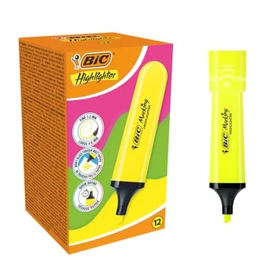 Image de Surligneurs BIC Marking avec Pointe Biseautée Modulable (1,2 mm 4,6 mm) Jaune Fluo, Pack de 12