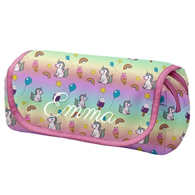Image de Ferocity Personnalisé Trousse Scolaire pour Les Filles 2 Compartiments avec Rabat et Nom Sac a Crayon de Toilette Plumier Organisateur Unicorn Ice [151]