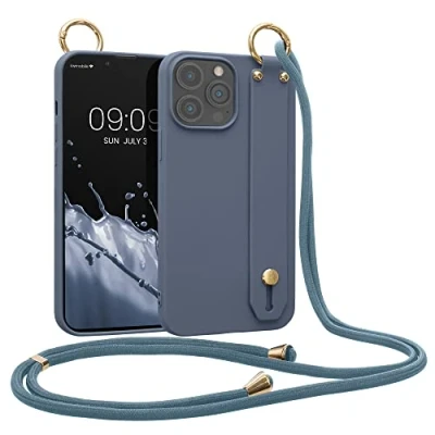 Image de kwmobile Coque Compatible avec Apple iPhone 13 Pro Max Housse TPU Cordon Collier et Sangle Support de Doigts Ardoise foncée