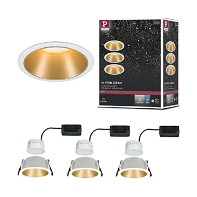 Image de Paulmann 93406 LED Cole rond incl. 3x6,5 watts gradable projecteurs Blanc, Doré mat Lampe encastrée plastique, Alu zinc Spot pour plafond 2700 K, Matière, 19.5 W, 3er Set
