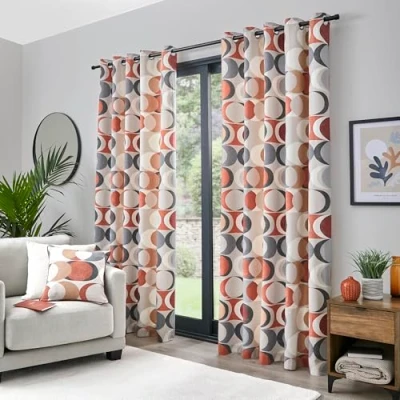 Image de Fusion Lot de 2 Rideaux 100% Coton Motif Cercles vectoriels rétro géométriques Terre Cuite 168 x 183 cm pour Chambre à Coucher et Salon