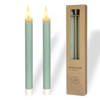 Image de comforder Lot de 2 Bougies LED en cire véritable avec flamme vacillante électriques fonction minuterie à piles Aspect nid d&#039;abeille Vert eucalyptus
