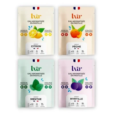 Image de LXIR DRINK Eau aromatisée en pastille sans sucre Boisson multivitamines Vitamines C et B Hydratation quotidienne Beauté de la peau Vitalité 48 pastilles Citron/Pêche/Menthe/Myrtille