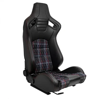 Image de Siège baquet &#039;GT&#039; Simili Cuir Noir + Tissu en motif à carreaux Rouge Surpiqûres Dossier régable incl. glissières