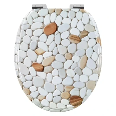 Image de WOLTU Abattant WC, Cuvette Toilette, WC avec Frein de Chute, Lunette Toilettes en Forme O, Charnières Réglables, Montage par Bas, MDF, Motif Galet, WS2965