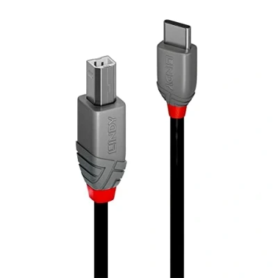 Image de Câble USB 2.0 Type C vers B Lindy Anthra Line 2m Noir PVC Connecteur plaqué or Garantie 10 ans