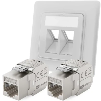 Image de hb digital Prise réseau CAT 7 encastrée 2 ports RAL9003 blanc de signal + modules Keystone RJ45 LAN Ethernet encastrable pour 5e 6 6a 600MHz 10 Gbit/s STP