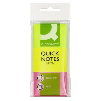 Image de 1 Paquet de 3 blocs 50 feuillets repositionnables. Format 40 x mm. Couleur Néon : jaune, rose et vert. Notes