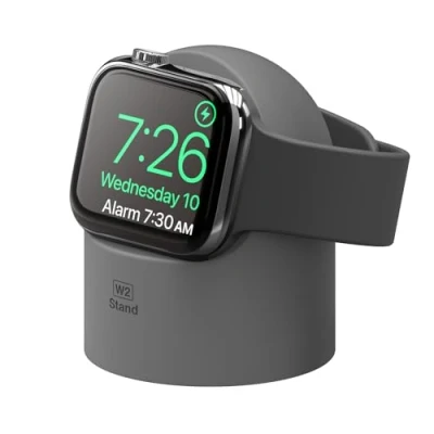 Image de elago Support Chargeur W2 Compatible avec Apple Watch Ultra 2/9/8/Ultra/SE2(2022)/7/6/SE/5/4/3/2/1 (49mm/45mm/44mm/42mm/41mm/40mm/38mm), Station Chargement, Mode Table de Nuit (Gris)